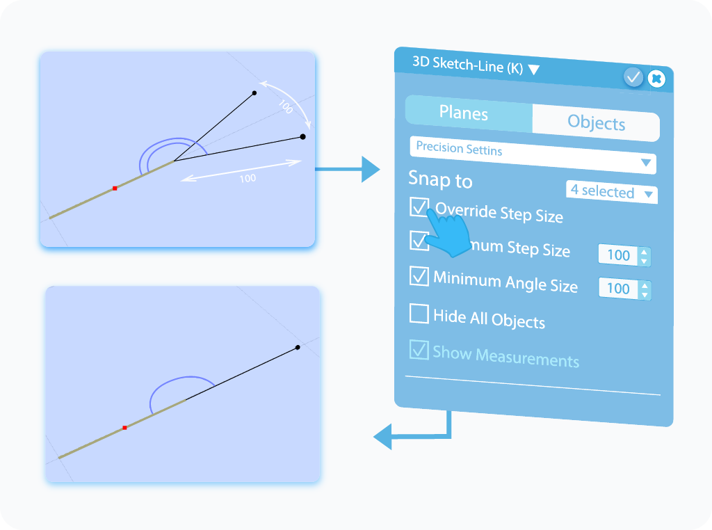 Toggle to enable the Override Step Size feature in 3D Sketch